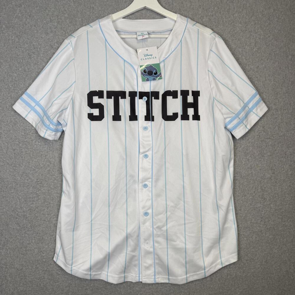 NWT Disney Lilo Stitch Size L White Blue Baseball Jersey Short Sleeve Shirt